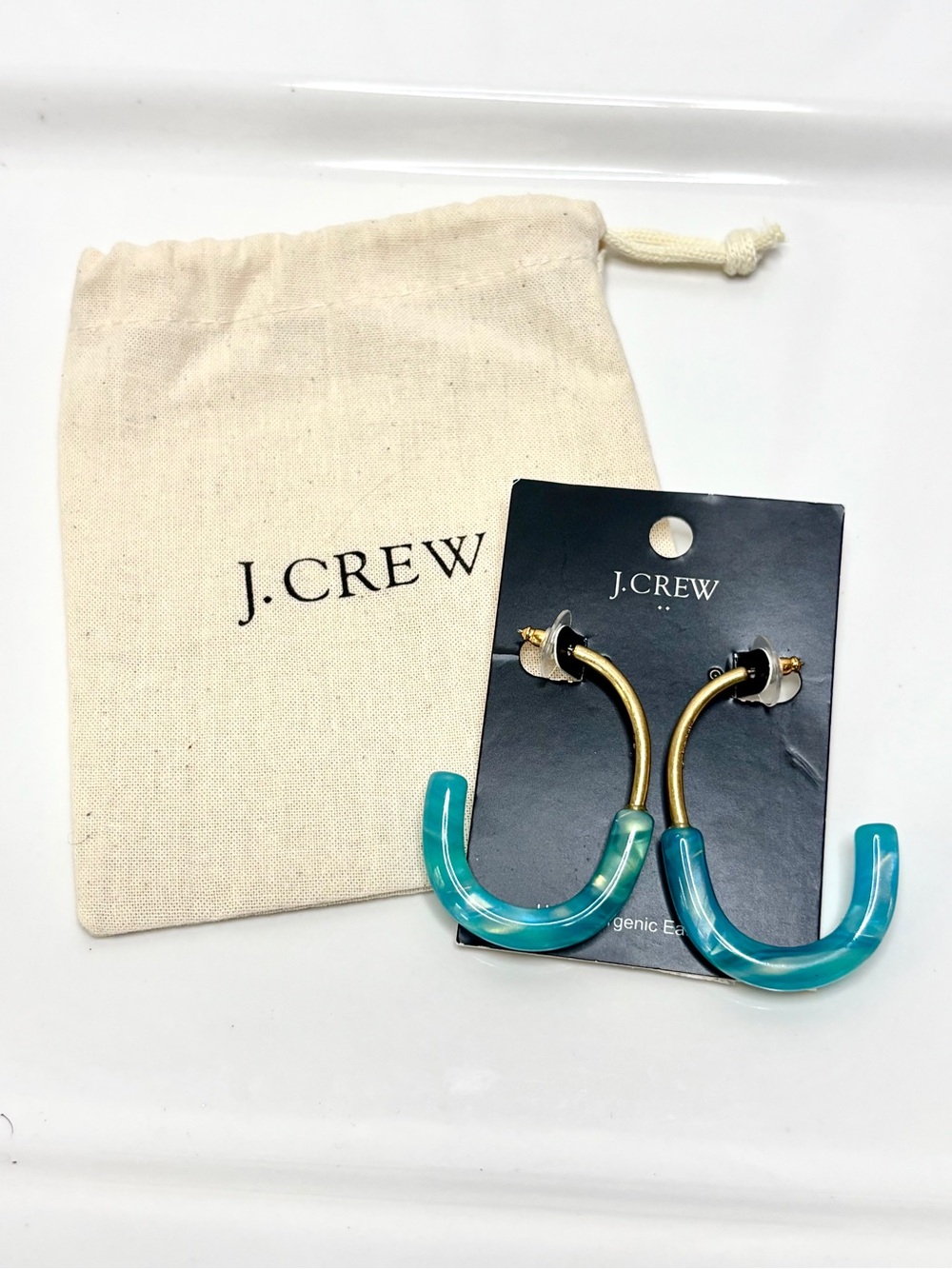 NWT J. CREW Hoop Drop Earrings Gold-Tone Turquoise Lucite With Pouch